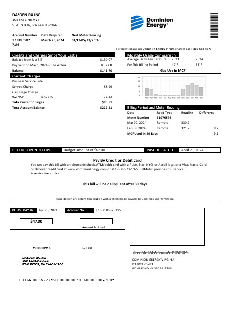 USA Dominion Energy business utility bill template in Word and PDF formats